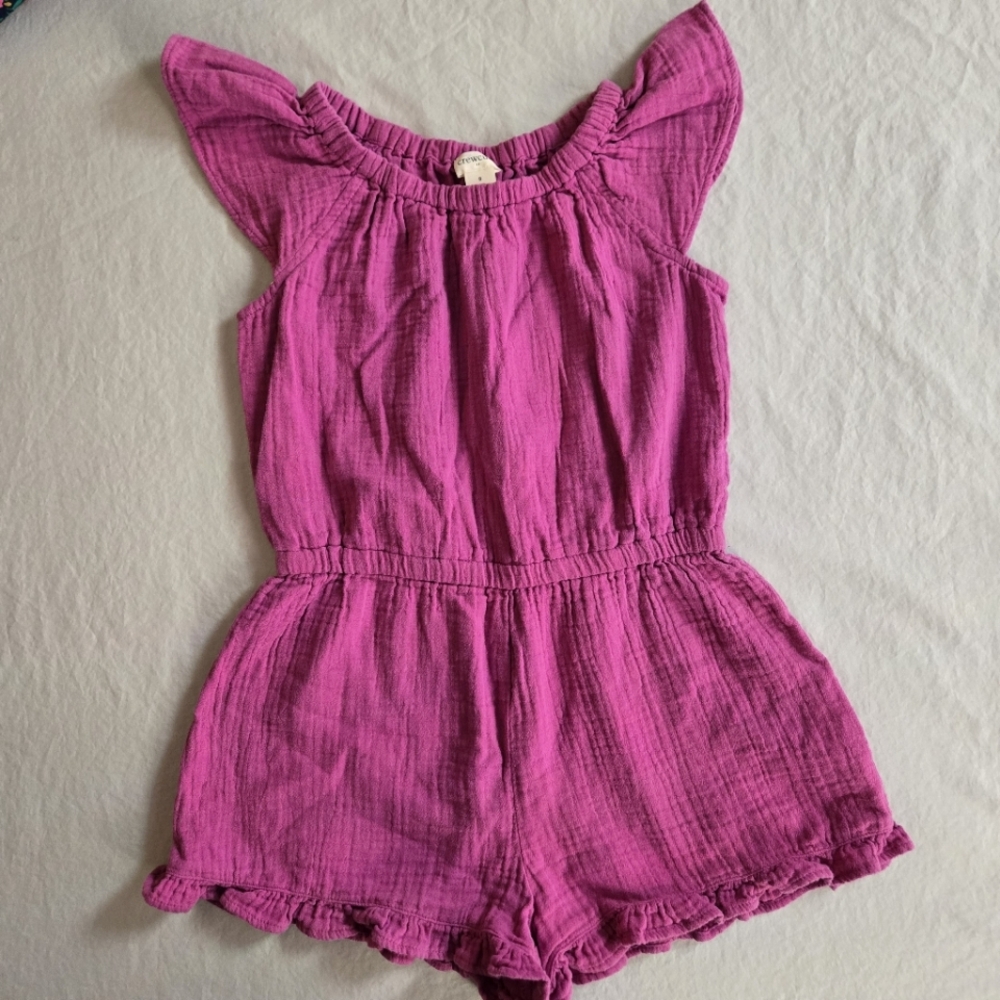 Crewcuts Girls Purple Crinkle Cotton Romper - Ruffle Cap Sleeve & Hem 8